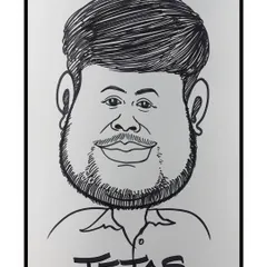 A close-up of a finished caricature from an event at the NESCO exhibition centre. The focus is on creating a fun, recognizable, and exaggerated portrait.