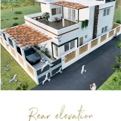 The rear elevation of a residence that blends classic charm with contemporary style. The design incorporates a spacious upper terrace and traditional Mangalore tile roofing, creating a private oasis that feels both timeless and modern.
