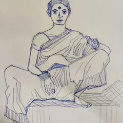 A simple ballpoint pen sketch of a woman sitting at leisure. These studies are part of my ongoing series, "Women Sitting Simply."