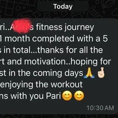 A fantastic one-month progress report. This client achieved a 5 kg weight loss by staying consistent with the workout sessions and nutrition plan. It shows that with the right support and motivation, significant changes are possible in a short amount of time.