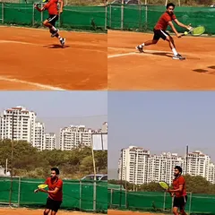 This four-part image sequence breaks down the dynamic movement of a forehand. It showcases the proper footwork, body rotation, contact point, and follow-through that we work on to build a reliable and powerful shot.