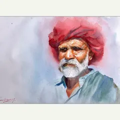 'AN OLD BODY,' a watercolour portrait that explores the textures and tones of age. The bright red of the turban bleeds softly into the background, creating a halo effect around a face full of character.