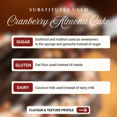 Transparency is key to what we do. Instead of refined sugar, we use natural sweeteners like erythritol and maltitol. We replace maida with nutrient-rich oat flour for a gluten-free base. And for that creamy ganache, we use coconut milk instead of dairy.