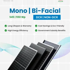 We offer high-efficiency Mono and Bi-Facial panels, available in both DCR and Non-DCR variants. These modules are designed for a long lifespan and high energy output, making them an eco-friendly and cost-effective choice.