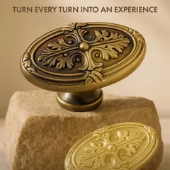 Small in size, bold in impact. This oval cabinet knob features a classic, ornate design, shown here in both antique and polished brass finishes to add precision and style.