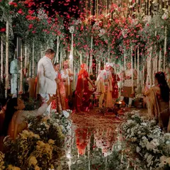 A magical forest-themed mandap brought to life. The mirror aisle reflects the canopy of red and white flowers, creating an immersive and enchanting environment for the pheras.