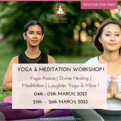 Join our Yoga and Meditation workshop for a weekend of learning and fun. We cover Yoga Asana, Divine Healing, Meditation, and Laughter Yoga, with free registration available.