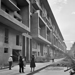 Black and white site photos documenting the construction of the SBR Earth & Sky project in Bangalore, capturing the raw concrete structure and powerful forms.