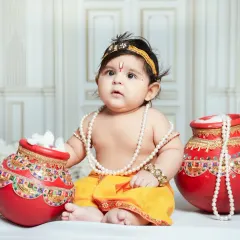 A chubby and adorable baby Krishna poses with his pots of butter. Our sessions are flexible to make sure even the youngest babies are comfortable.