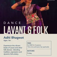 A closer look at our Lavani and Folk dance offering. This class is for ages 16 and up, focusing on the vibrant beats of Lavani and other folk dances, blending tradition, expression, and dynamic artistry.