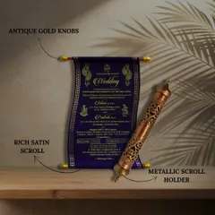 A closer look at the details of our scroll invites. This image highlights the antique gold knobs, rich satin scroll, and metallic scroll holder that make these invitations so special.