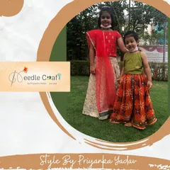 Here is a custom-designed lehenga set for two sisters. While the core style is similar, I used different color combinations, an olive green top for the younger sister and a red top for the elder, to reflect their individual personalities.