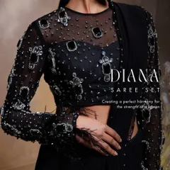 Craftsmanship is at the heart of my work, as seen in this detailed view of the Diana Saree Set blouse. I used a combination of jet-black gems, shimmering beads, and delicate feather accents on the cuffs to create a piece that is pure wearable art.