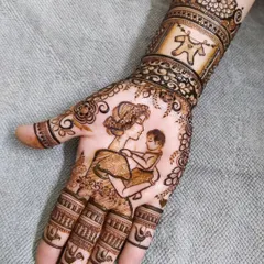This whimsical design tells the story of a mother's love. One hand features a mother holding her child, while the other shows a baby peacefully sleeping in a cradle, surrounded by delicate floral and leaf patterns.