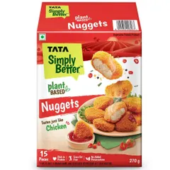 This packaging shot for Tata's vegan nuggets focuses on the texture and golden-brown color. We used a dipping shot to add a sense of action and appetite appeal, making it look irresistible.