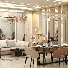 I believe a home should be a feast for the eyes, and this living and dining area is a perfect example. I combined European-style wainscoting with modern furniture, using mirror paneling to create a sense of spaciousness. The design balances opulent details like the chandelier with the natural warmth of teak wood accents for a truly luxurious feel.