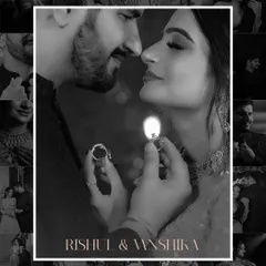 A beautiful black and white collage of Rishul and Vanshika, with a central image of them holding their rings.