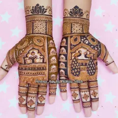 A symmetrical design showcasing the beauty of light and dark henna work. The peacocks are the centerpiece, surrounded by detailed jaali (net) and floral patterns.