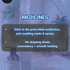 Post-transplant care tip 3: Medicines. Consistency is key. Stick to the prescribed antibiotics, anti-swelling meds, and sprays without skipping doses for smooth healing.