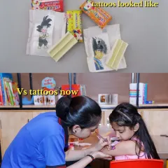 Then vs. Now: Tattoos. Remember those bubblegum tattoos? We've leveled up with professional, kid-safe tattoo artists for parties.