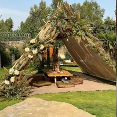 We created this serene boho-chic picnic setup for an outdoor baby shower. It features a draped canopy, low wooden seating with comfortable floor cushions, and arrangements of pampas grass and dried florals for a natural, earthy aesthetic.