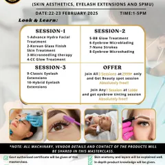 First time in Mumbai, our Grand Cosmetology Seminar. This flyer details the three intensive sessions covering Skin Aesthetics, SPMU, and Eyelash Extensions, with amazing offers for joining.