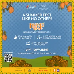 A poster for Mango Fest 2.0, a summer fest like no other. With 100 mango flavours, live music, and an AI photo op, it's an event designed for sweet chaos and fun.
