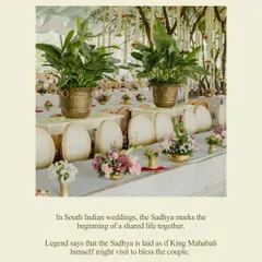 The Sadhya marks the beginning of a shared life. Legend says the feast is laid as if King Mahabali himself might visit to bless the couple. We designed the space to honor this beautiful South Indian tradition with reverence and elegance.