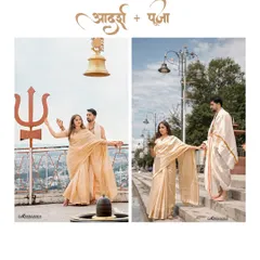 A diptych capturing the couple's spiritual pre-wedding story. On the left, they pose with a Trishul and temple bell; on the right, they descend the ghat steps, creating a narrative of their journey together.