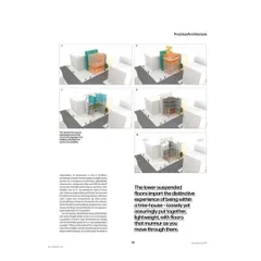 A series of diagrams from the Domus India article, showing the step-by-step assembly of the studio's structural language. The text describes how the lower suspended floors impart the "distinctive experience of being within a tree-house."