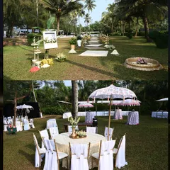The guest seating and pathways for the white-themed wedding were designed with simplicity and elegance in mind, allowing the beauty of the natural surroundings and the main mandap to shine.