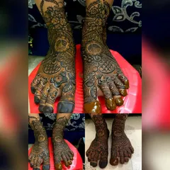 This collage shows the full process for bridal feet mehendi, from the fresh paste application to the beautiful dark stain that develops.