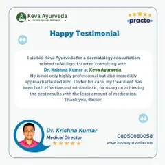 This happy testimonial from a patient treated for Vitiligo highlights Dr. Krishna Kumar's professional, approachable, and kind nature. The patient valued our effective and minimalistic approach, which focused on achieving the best results with the least medication.