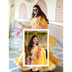 A collage celebrating the bride during her Haldi ceremony. It features a full-length shot of her twirling in a yellow lehenga and a close-up portrait, capturing her happiness and beautiful floral jewelry.