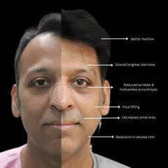 This male patient's facial rejuvenation addressed multiple concerns. The after photo shows a brighter skin tone, reduced smile lines and double chin, and less hollowness around the eyes, demonstrating the power of combining skin tightening with hydration treatments.