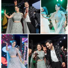 A collage showcasing the high energy of a Sangeet night, with the couple dancing their hearts out on stage.