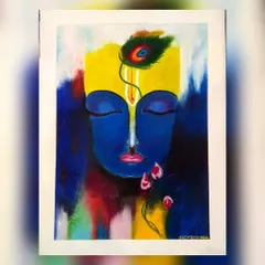 My 'Meditating Krishna' portrait, handmade with soft pastels. I used my fingers to blend the colors, creating a soft, dreamlike background that contrasts with the vibrant blue and yellow of Krishna.