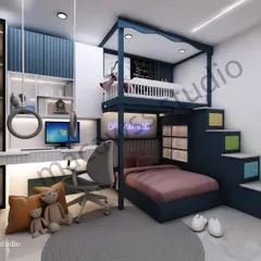 I designed this imaginative room for a child, incorporating a custom-built bunk bed with a study area and playful elements. The space is built to be both a fun play zone and a practical room that can adapt as the child grows.