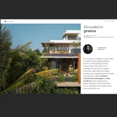 An article in Antarya Magazine titled "Shrouded in Greens," detailing the design philosophy and sustainable approach of the "House of Greens" project.