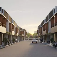 This render illustrates a planned residential community of modern row houses. The uniform design language creates a cohesive neighborhood feel, while individual units are designed for family comfort and privacy.