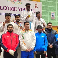 Harshit Pandey on the winners' podium after securing a silver medal at the All India Inter University Games held at MDU, Rohtak.