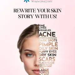 This visual shows the many skin concerns I can help you with, from fine lines and wrinkles to acne, dark spots, and large pores. My goal is to help you rewrite your skin story with a customized treatment plan that delivers clear, confident skin.