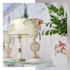 Decorative table lamps and vases used as part of our buffet decor. These small details and props elevate the overall look and feel of the food display.