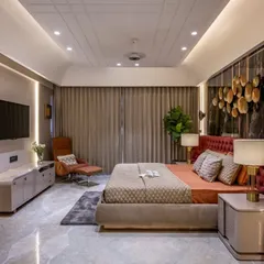 A duplicate of image 31, this angle highlights the cohesive design language across the room, from the wall treatments to the bespoke furniture.