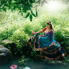 Radha finds a moment of peace by a gentle stream, surrounded by the tranquility of nature in this divine conceptual photoshoot.