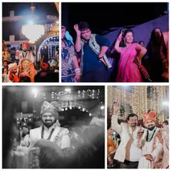 A collage filled with the fun and festive moments of the Baraat. It includes the groom's happy entrance, guests dancing, and celebratory moments with family, captured in both color and black and white.