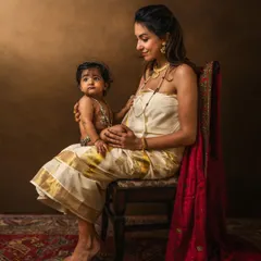 A portrait inspired by classic Indian art, capturing a mother and her infant. The use of traditional clothing and the warm, painterly light create a timeless image. It celebrates the deep, quiet connection between a mother and her baby in the early days of life.