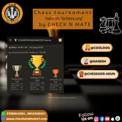 The winners of our weekly Champion Advanced Arena on lichess.org. Well played by Cooldog, Hanish, and Chessgod Arun.