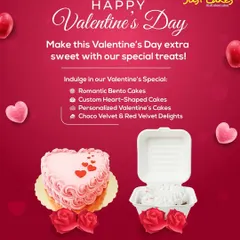An overview of our Valentine's Day specials, featuring romantic bento cakes for two, custom heart-shaped cakes, and our popular choco velvet and red velvet flavors.