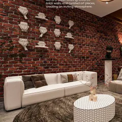 A blend of plush seating, a textured brick wall, and curated art pieces, including a gallery of sculptural faces, creates an inviting and eclectic atmosphere in this lounge.